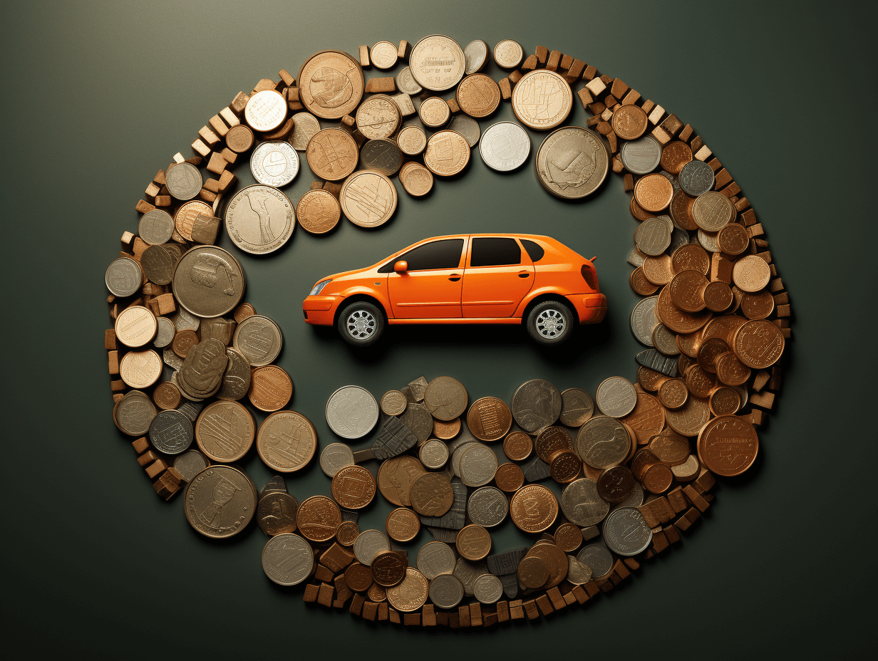 Ein orangenes Auto umrundet von Münzen