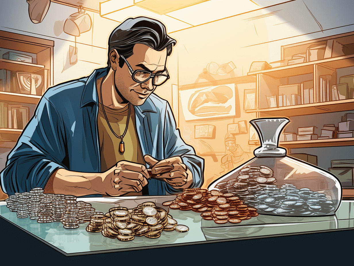 Ein Mann der Münzen zählt, 4 verschiedene Geldhaufen liegen vor ihm